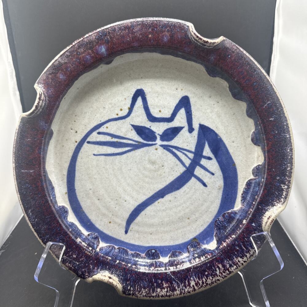 Signed J. Wright 1995 Studio Pottery Cat Decorative Plate 10” Handmade Art